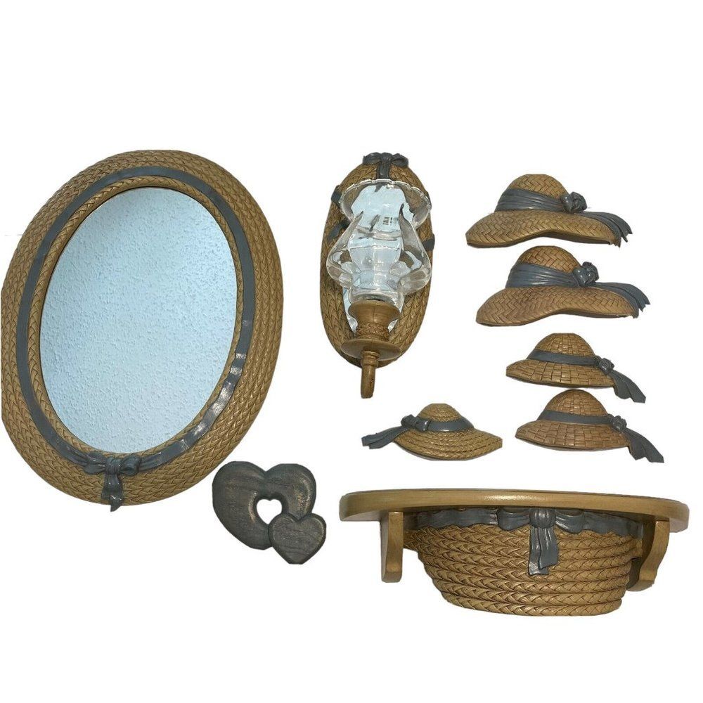 Vtg 70s burnwood products mirror shelf sconce wall decor mcm farmhouse bonnet